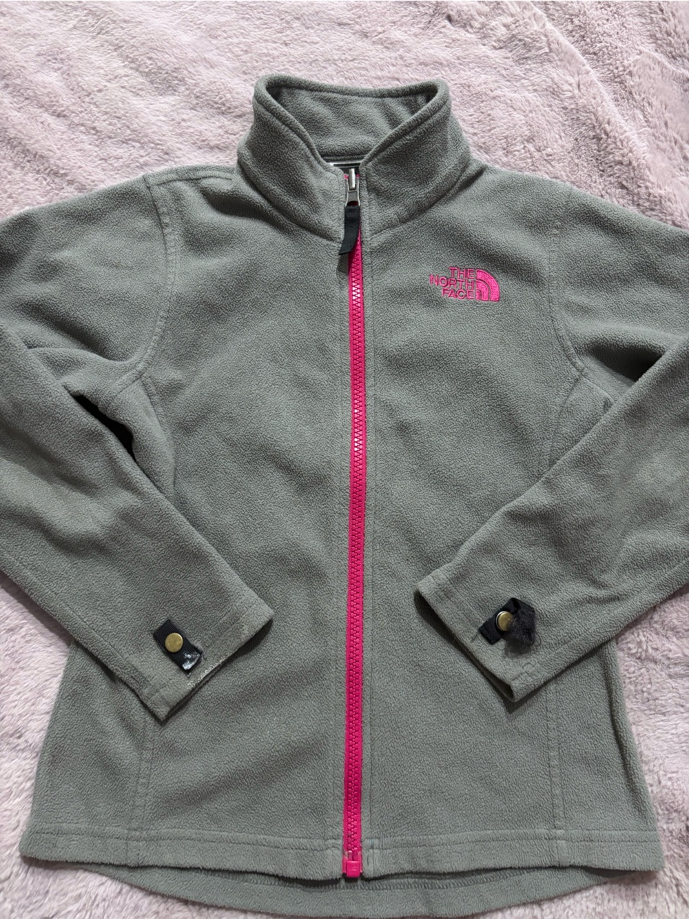 The North Face Olive Grey Fleece Jacket with Pink Trim